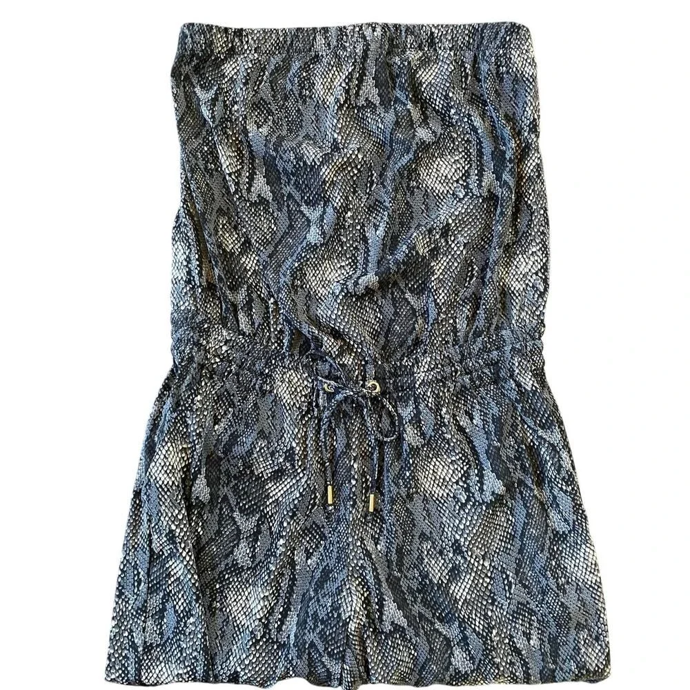 Express Womens Snakeskin Print Strapless Jumpsuit Grey Black XS Drawstring Waist